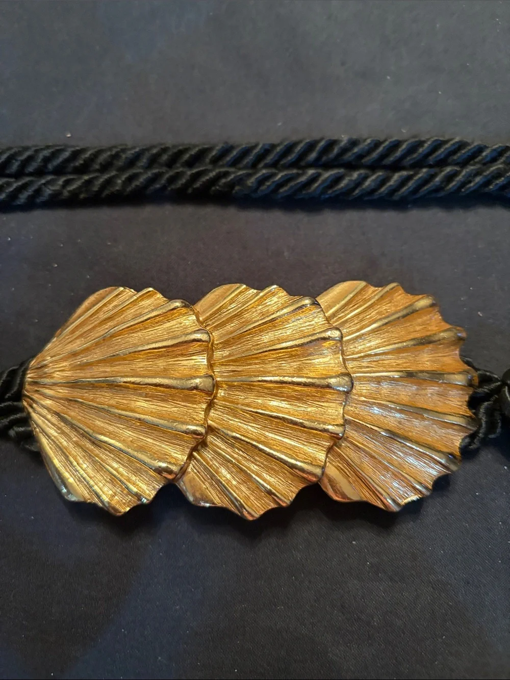 Gold Shell Belt with Black twisted velvet Cord shells 5”x2 1/2” total length 48”